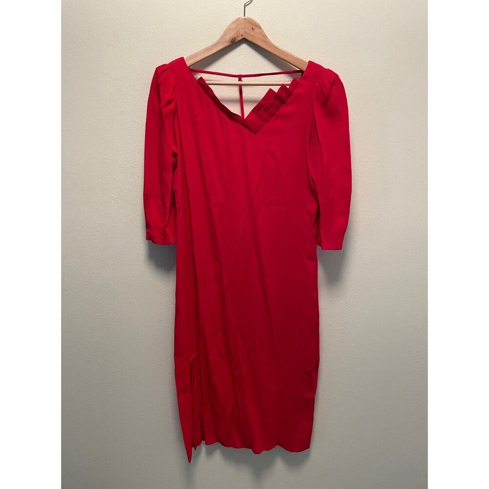 Vintage MoonGlow Womens Dress Medium Red V-Neck 3/4 Sleeve Ruffle Mod Retro 70s